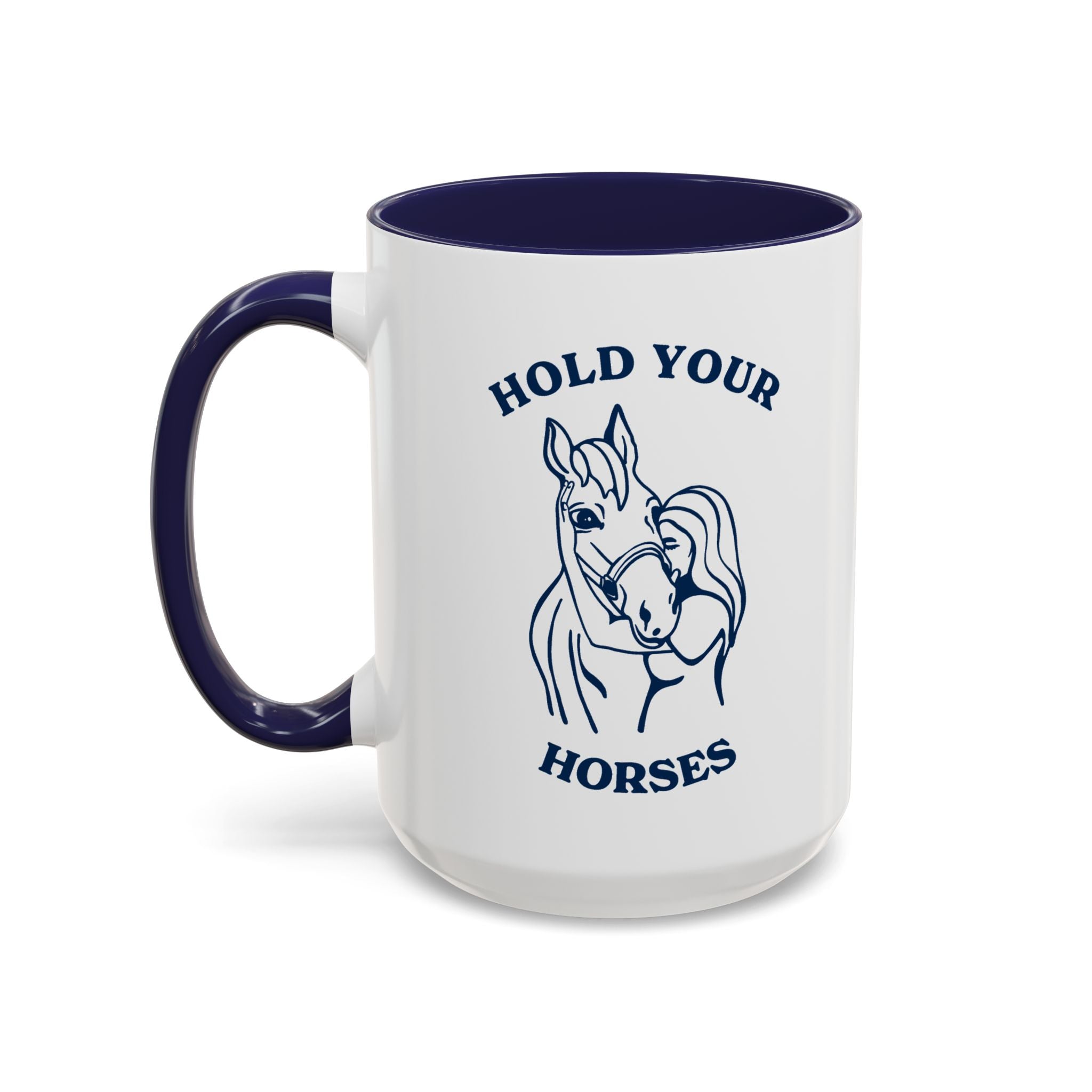 A white ceramic mug with a blue handle and blue interior. The mug has line art of a woman hugging a horse&