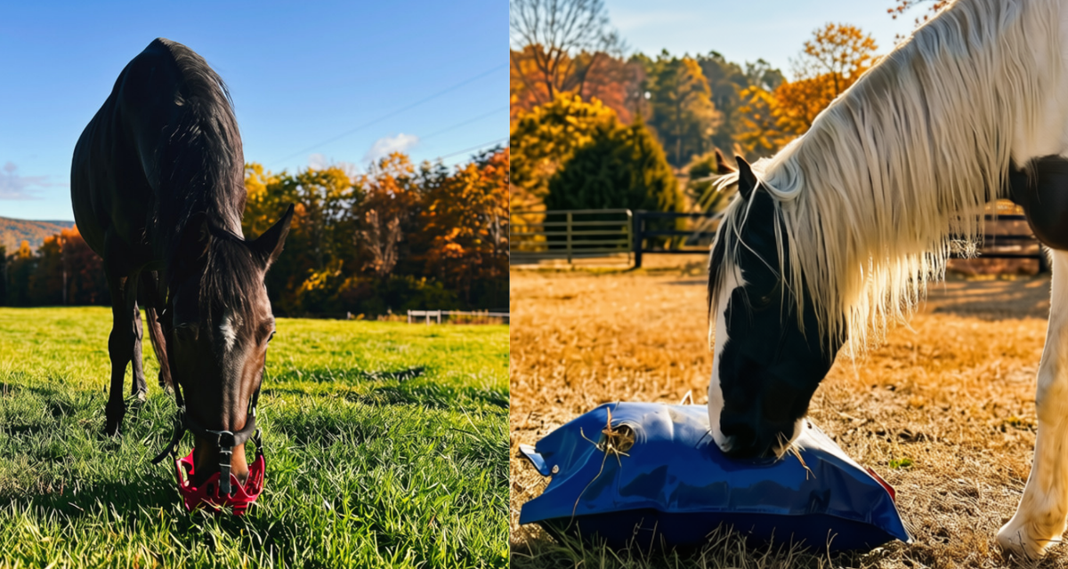 Horses on fall pasture using slow feeding tools