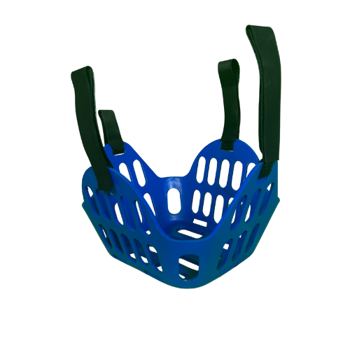 Blue grazing muzzle with black replacement straps on a white background