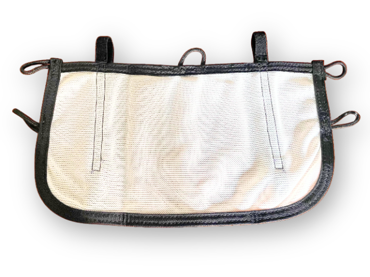 A rectangular piece of white mesh fabric on a white background. The perimeter of the mesh is bound by a black fabric border with 7 loops.