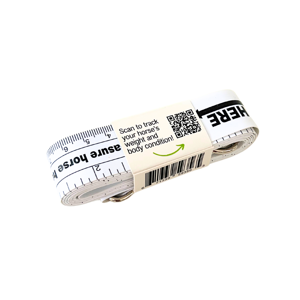 Flexible horse height and weight tape rolled up and bound by a cardboard wrap around the middle. There is a QR code for tracking weight and body condition.