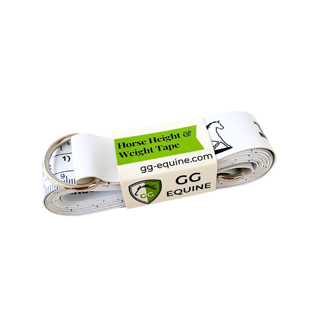 Flexible horse height and weight tape rolled up and bound by a cardboard wrap around the middle.