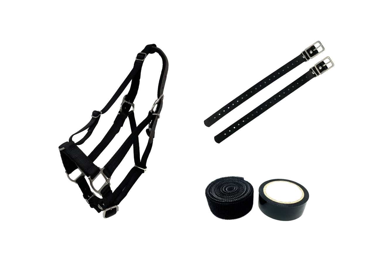 Safety breakaway halter for grazing muzzle with corner straps