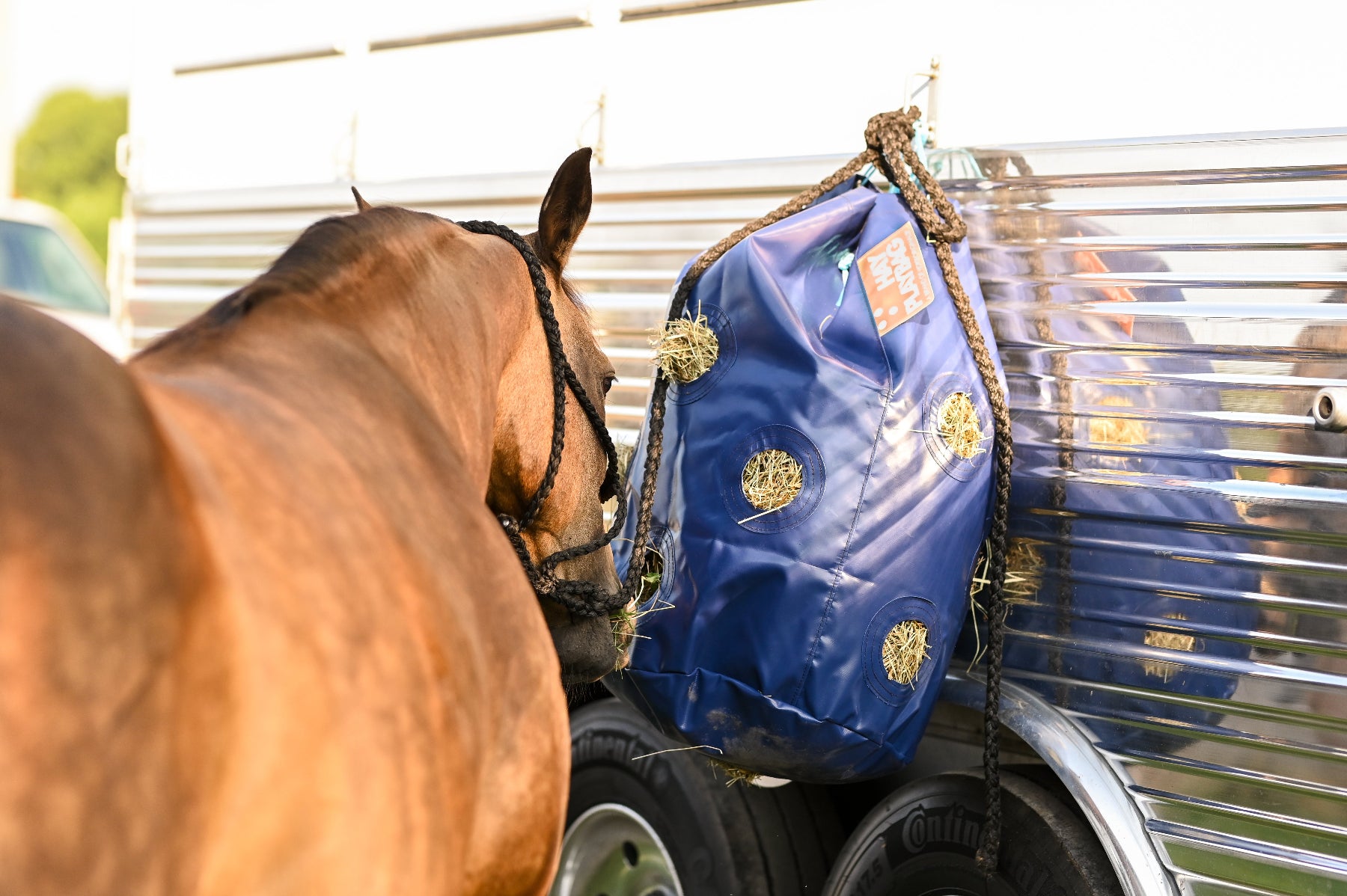 Durable hay bag for trailering horses