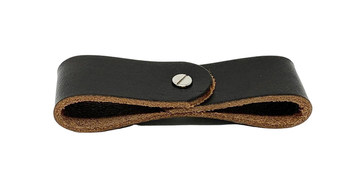 A small leather breakaway tap. It has a small Chicago screw holding the loop together at the center.