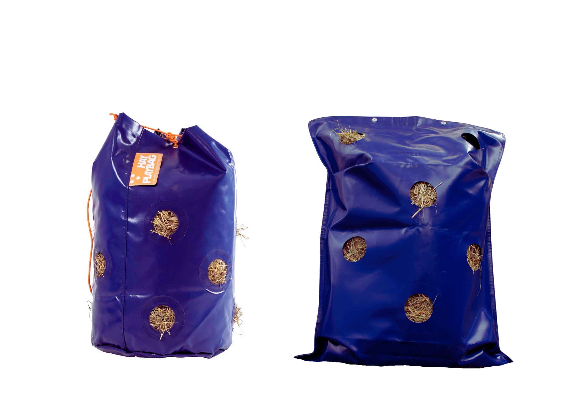two blue hay bags for trailering with horses