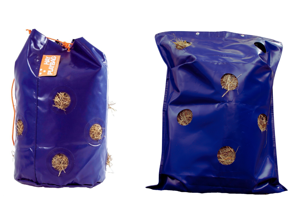 two blue hay bags for trailering with horses