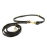 Two extended lengths of leather, connected by a metal ring and clasp. It is a dog leash and collar.
