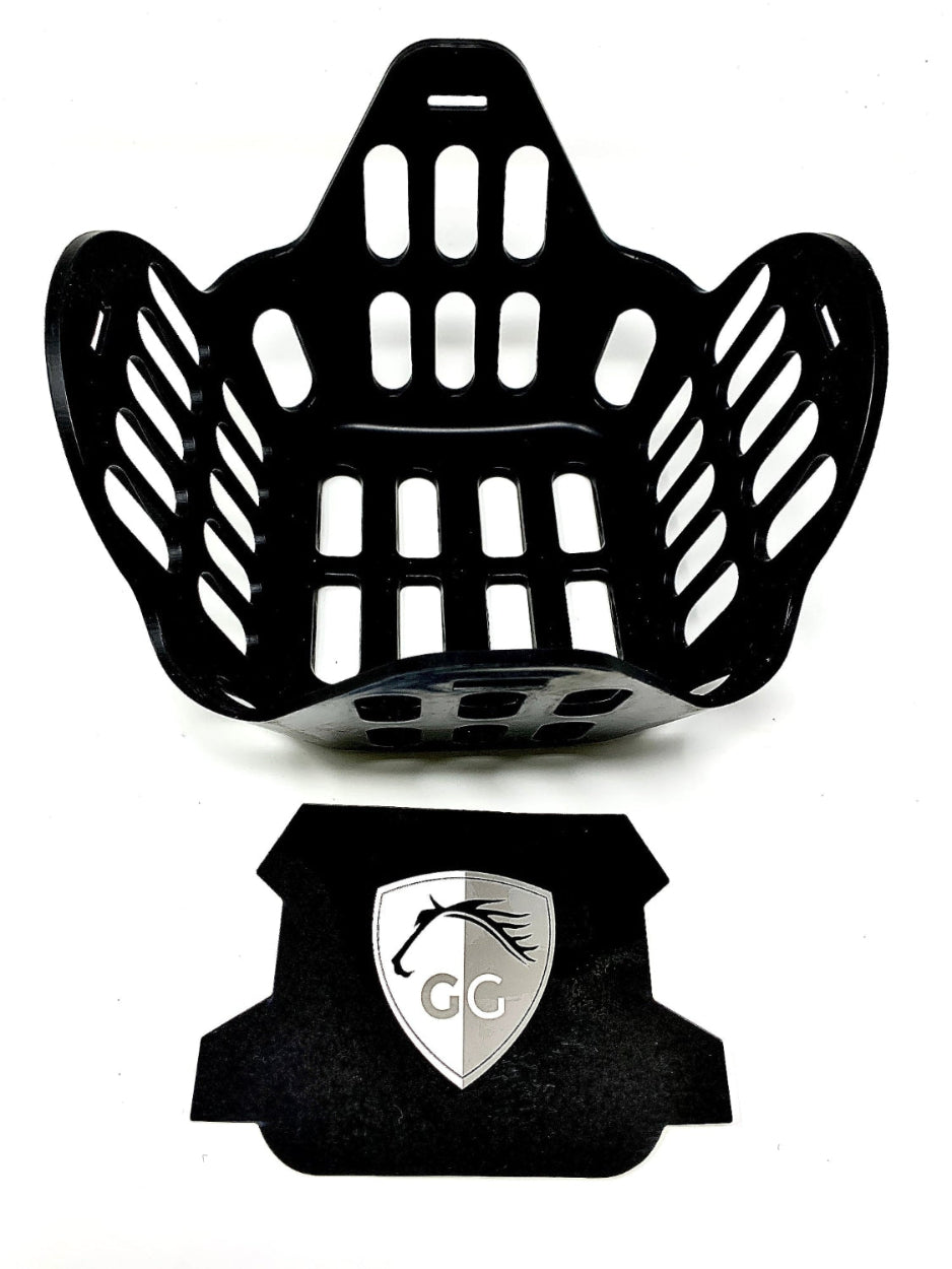 top: a black greenguard grazing muzzle: a basket style horse muzzle. bottom: a sticker in black, grey, and white, for use with the muzzle