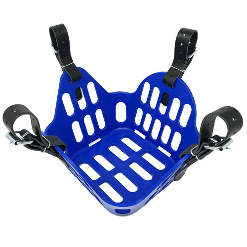 A blue basket style GreenGuard Grazing Muzzle. There are leather straps looped around each of the four connection points.