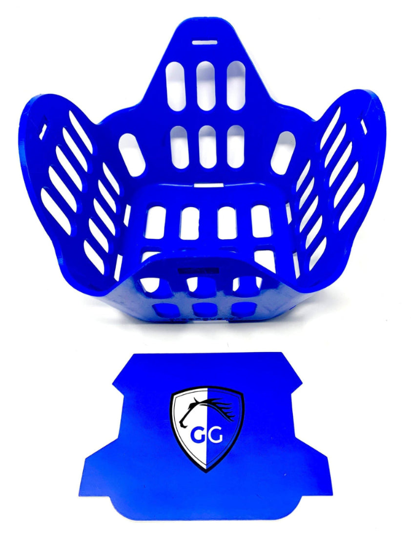 A blue GreenGuard horse Grazing Muzzle on top of a white background. There is a sticker in a matching color at the bottom.