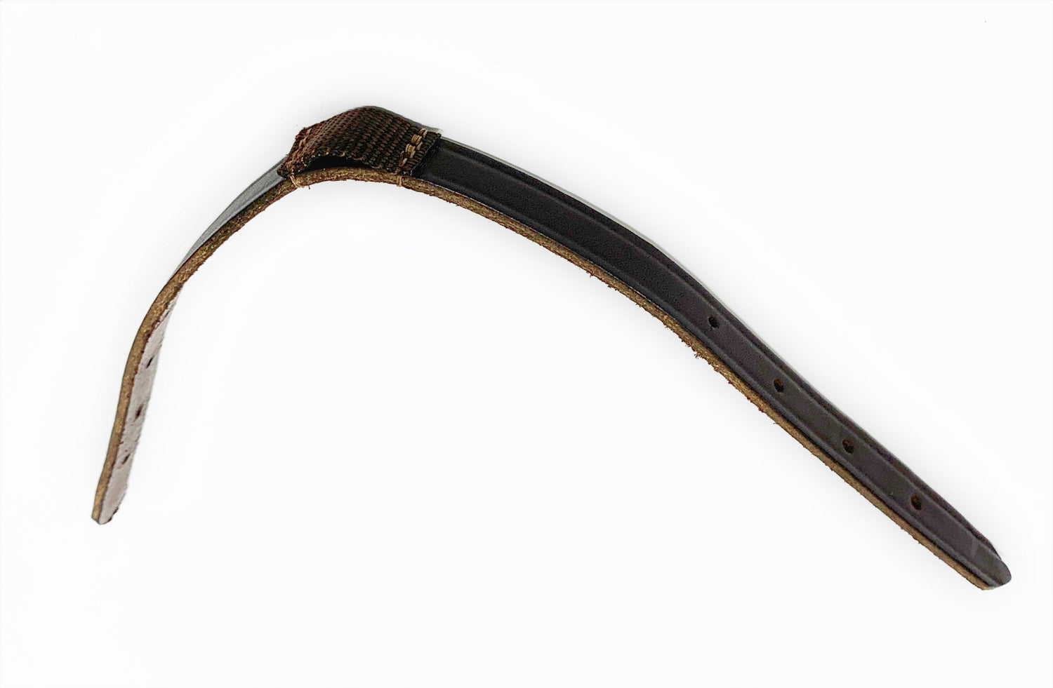 A leather crownpiece for a horse halter on a white background.