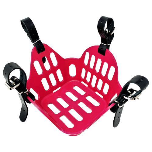 a pink basket style grazing muzzle for horses on a white background. there are leather straps wrapped around each of the four connection points.