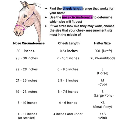 Chart for determining horse halter size based on nose circumference and cheek length.