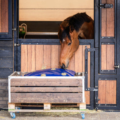 Horse eating hay from a blue slow feed hay bag in a barn