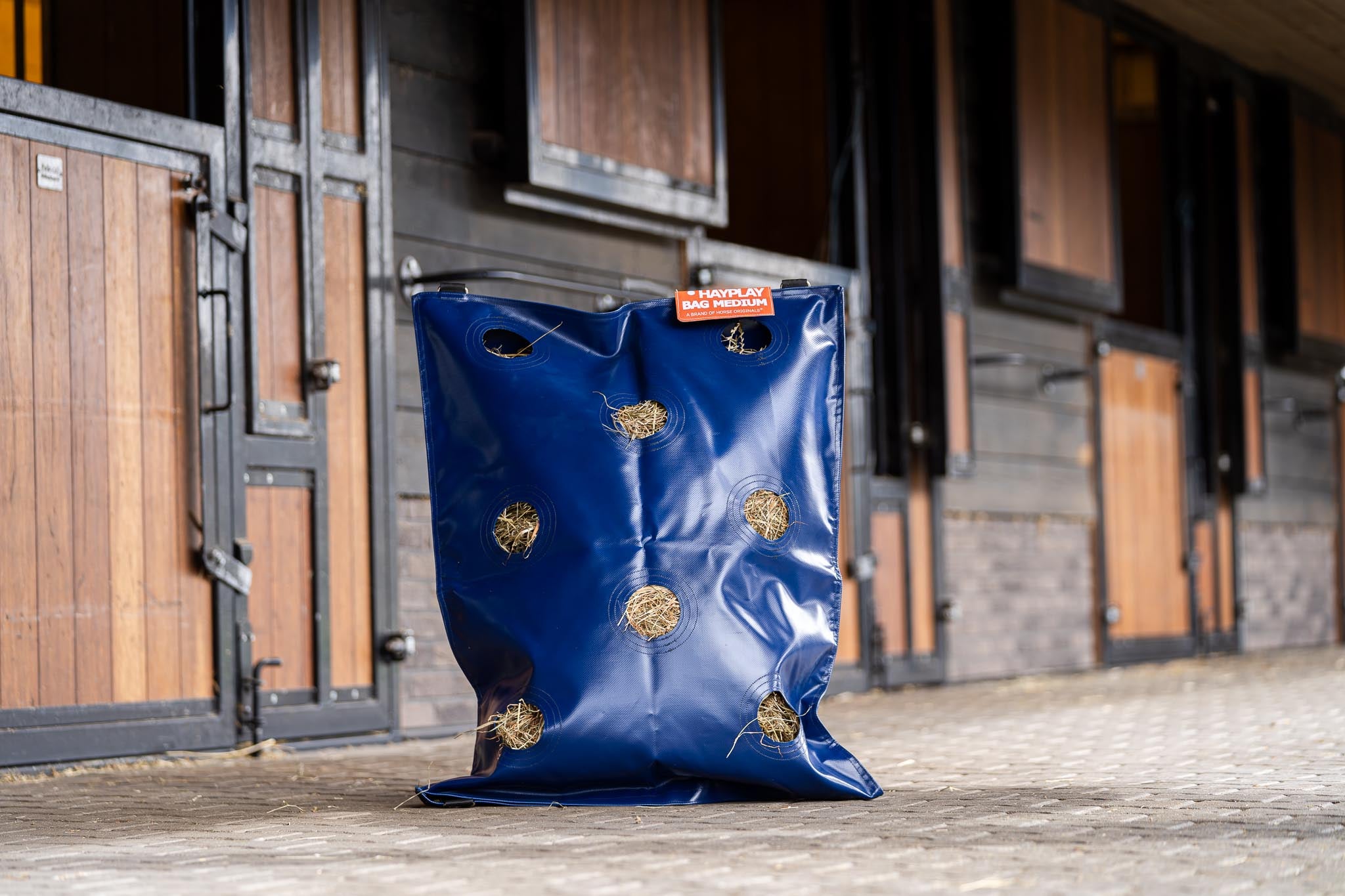 blue hay bag for healthy feeding