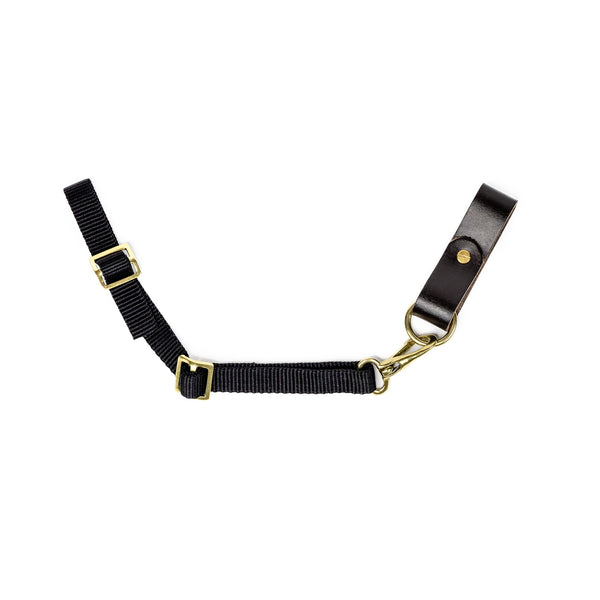 GG Equine throatlatch: a Nylon strap with brass buckles and a brass clip connected to a breakaway tab