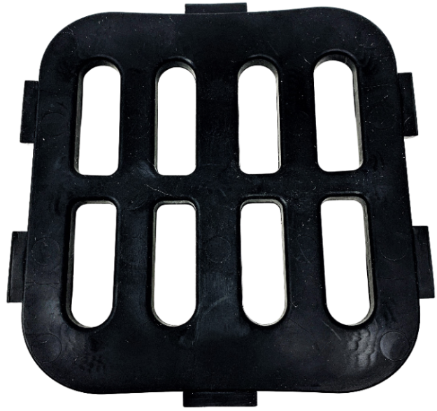 The standard rubber insert for GreenGuard Grazing Muzzles; it is a square piece of substantial rubber with eight equidistant holes, which correspond to the holes in the muzzle basket. It has four tabs on the right and left sides and one each at top and bottom.