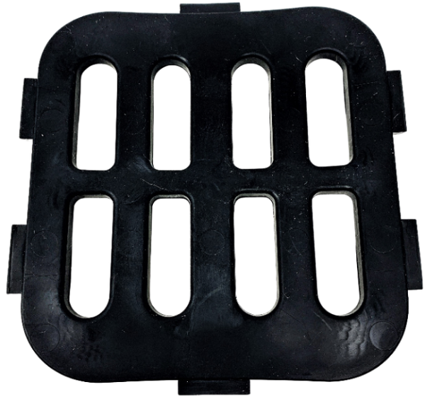 The standard rubber insert for GreenGuard Grazing Muzzles; it is a square piece of substantial rubber with eight equidistant holes, which correspond to the holes in the muzzle basket. It has four tabs on the right and left sides and one each at top and bottom.