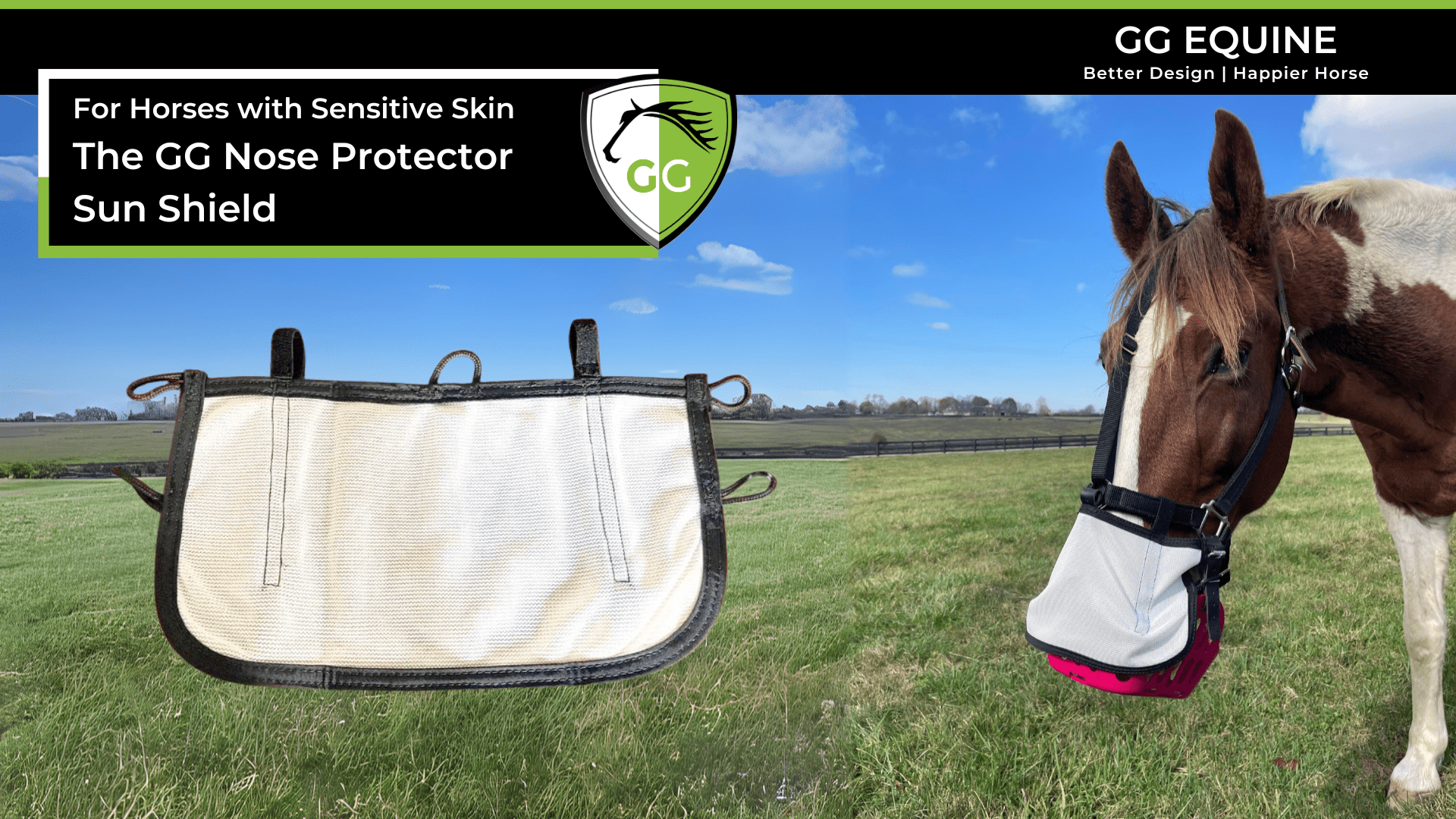 Load video: Introducing the GG Nose Protector Sun Shield, to help horses with sensitive skin and safeguard against dew poisoning.